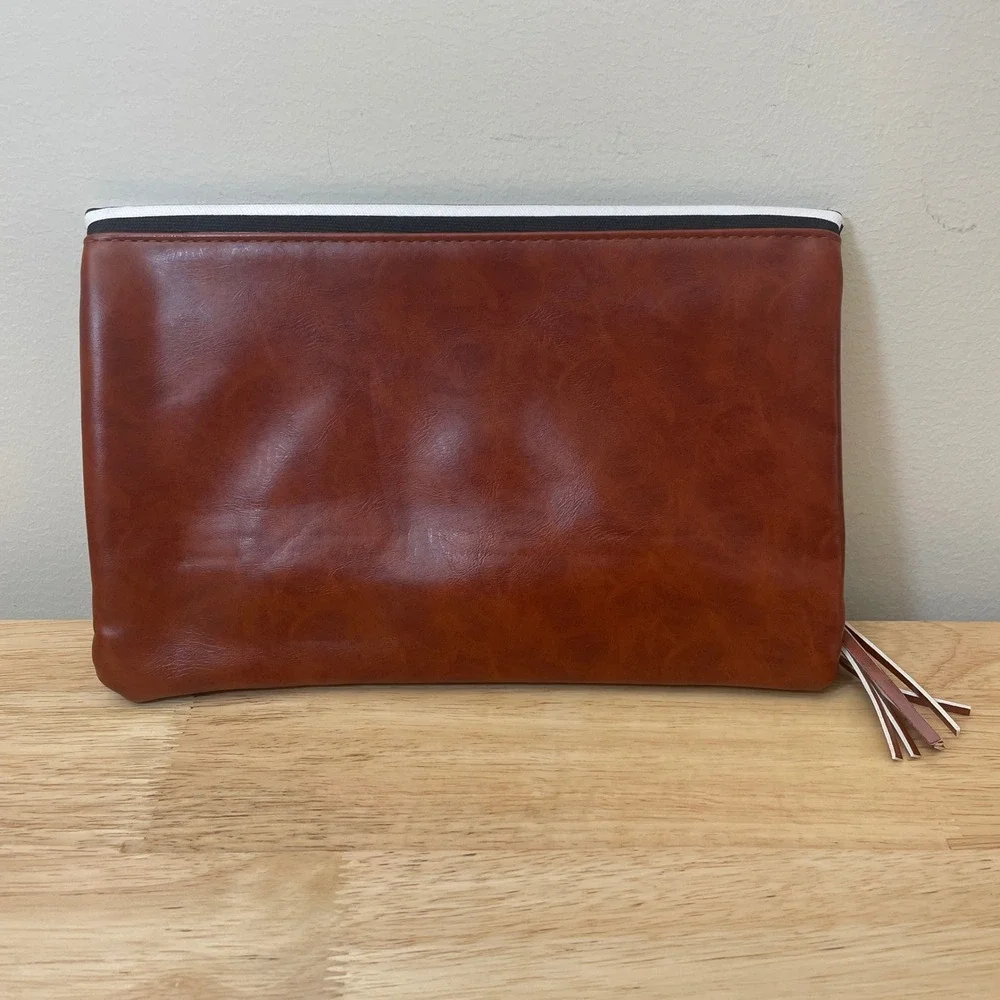Funky Monkey Striped Canvas Brown Faux‎ Leather Foldover Clutch Tassel